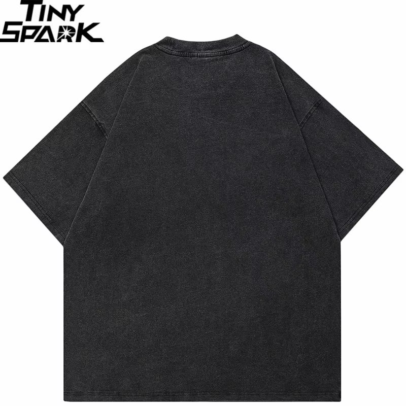 Hip Hop Streetwear Men T-Shirt Oversized Animal Teeth Graphic T Shirt Retro Washed Black Unisex Tshirt Cotton Tops Tees